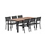 7-teilige Garten-Essgruppe Bois & Copacabana Natur/Schwarz – Bois Esstisch 205×90 cm Massiv-Akazienholz 3 cm + 6 Copacabana Alu-Stapelsessel Textilene Schwarz, bis 110 kg