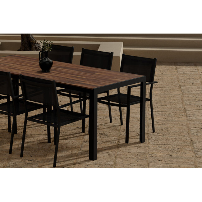 7-teilige Garten-Essgruppe Bois & Copacabana Natur/Schwarz – Bois Esstisch 205×90 cm Massiv-Akazienholz 3 cm + 6 Copacabana Alu-Stapelsessel Textilene Schwarz, bis 110 kg