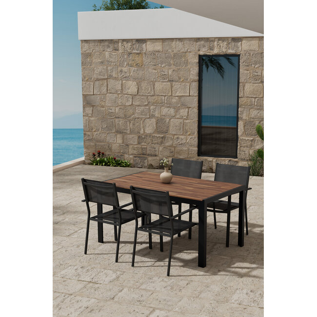 5-teilige Garten-Essgruppe Break & Copacabana Tiefschwarz – Break Esstisch 150×90 cm Aintwood (6 cm) + 4 Copacabana Alu-Stapelsessel Textilene Schwarz, bis 110 kg