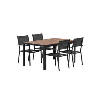 Venture Home 5-tlg. Garten-Essgruppe Break und Copacabana Schwarz – Aintwood-Tisch 150×90 cm + 4 Alu-Sessel