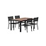 5-teilige Garten-Essgruppe Break & Copacabana Tiefschwarz – Break Esstisch 150×90 cm Aintwood (6 cm) + 4 Copacabana Alu-Stapelsessel Textilene Schwarz, bis 110 kg
