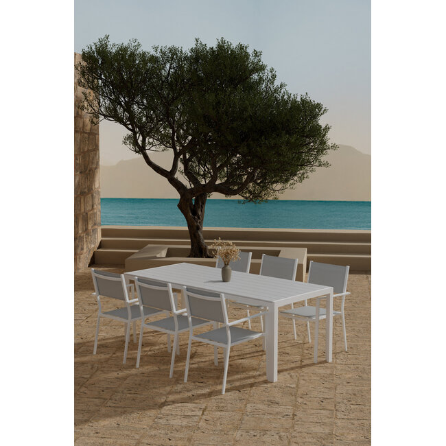 7-teilige Garten-Essgruppe Break & Copacabana Weiß/Grau – Break Esstisch 205×90 cm Aintwood Weiß + 6 Copacabana Alu-Stapelsessel Textilene Grau, bis 110 kg