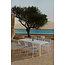 7-teilige Garten-Essgruppe Break & Copacabana Weiß/Grau – Break Esstisch 205×90 cm Aintwood Weiß + 6 Copacabana Alu-Stapelsessel Textilene Grau, bis 110 kg