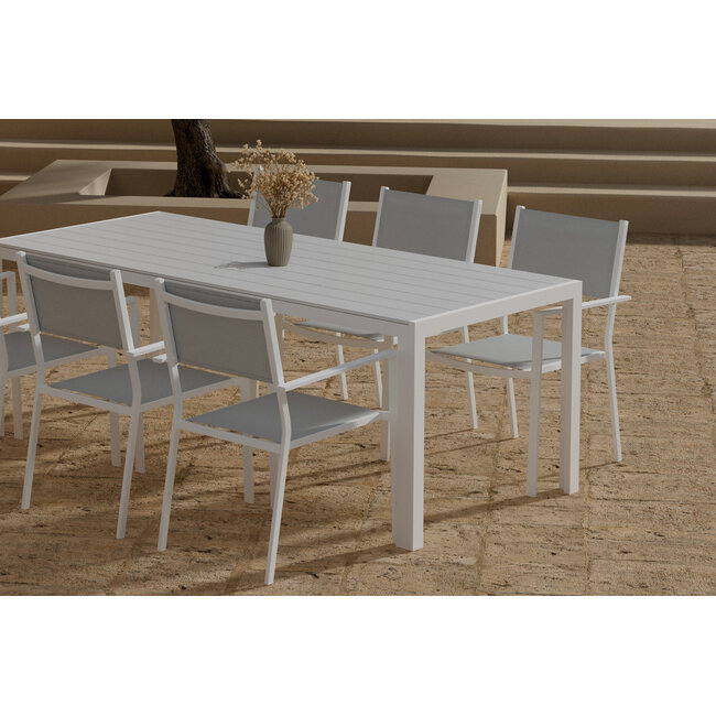 7-teilige Garten-Essgruppe Break & Copacabana Weiß/Grau – Break Esstisch 205×90 cm Aintwood Weiß + 6 Copacabana Alu-Stapelsessel Textilene Grau, bis 110 kg