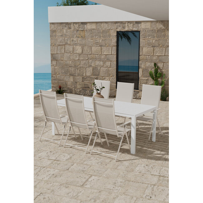 7-teilige Garten-Essgruppe Break & Levanzo – Break Esstisch 205×90 cm Aintwood Weiß + 6 Levanzo Positionsstühle Textilene Beige, verstellbar & klappbar, bis 110 kg