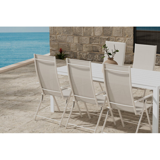 7-teilige Garten-Essgruppe Break & Levanzo – Break Esstisch 205×90 cm Aintwood Weiß + 6 Levanzo Positionsstühle Textilene Beige, verstellbar & klappbar, bis 110 kg
