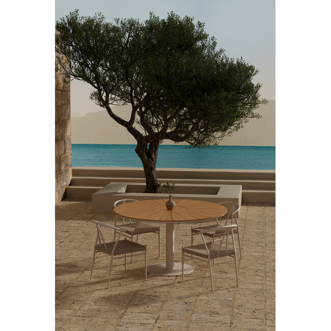 Garten-Essgruppe Alfons & Croft Beige – Teak-Rundtisch Ø120 cm mit 4 Rattan-Sesseln