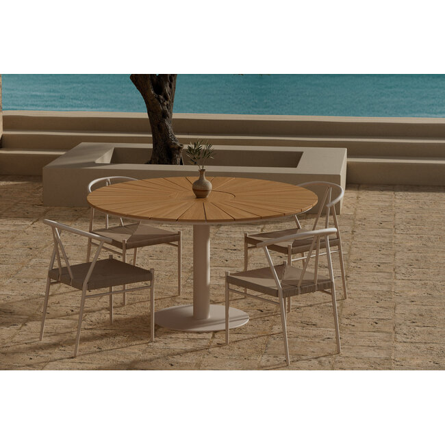 Garten-Essgruppe Alfons & Croft Beige – Teak-Rundtisch Ø120 cm mit 4 Rattan-Sesseln
