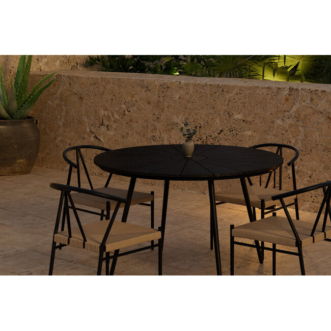 5-teilige Garten-Essgruppe San Vito & Alfons Schwarz – San Vito Rundtisch Ø120 cm Polywood Schwarz + 4 Alfons Stapelsessel Rattan-Optik