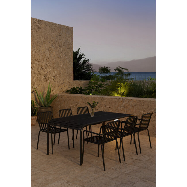 7-teilige Garten-Essgruppe Borneo & Peking – Borneo Esstisch 200×100 cm Anthrazit + 6 Peking Stapelsessel Matt-Schwarz, Aluminium, bis 120 kg