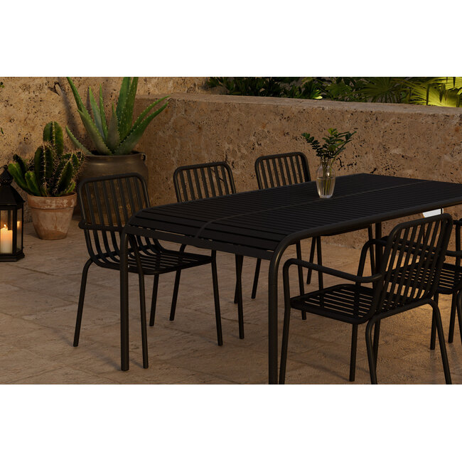 7-teilige Garten-Essgruppe Borneo & Peking – Borneo Esstisch 200×100 cm Anthrazit + 6 Peking Stapelsessel Matt-Schwarz, Aluminium, bis 120 kg