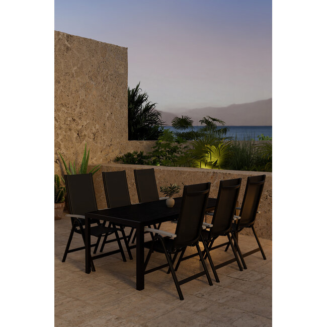 7-teilige Garten-Essgruppe Break & Albany Tiefschwarz – Break Esstisch 205×90 cm (Aintwood) + 6 Albany Positionsstühle (Textilene), bis 110 kg