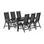7-teilige Garten-Essgruppe Break & Albany Tiefschwarz – Break Esstisch 205×90 cm (Aintwood) + 6 Albany Positionsstühle (Textilene), bis 110 kg