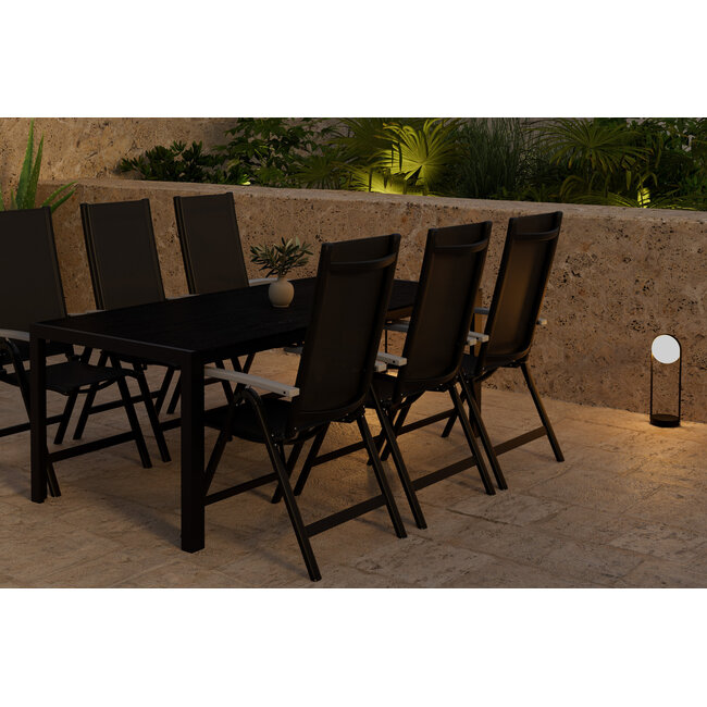 7-teilige Garten-Essgruppe Break & Albany Tiefschwarz – Break Esstisch 205×90 cm (Aintwood) + 6 Albany Positionsstühle (Textilene), bis 110 kg