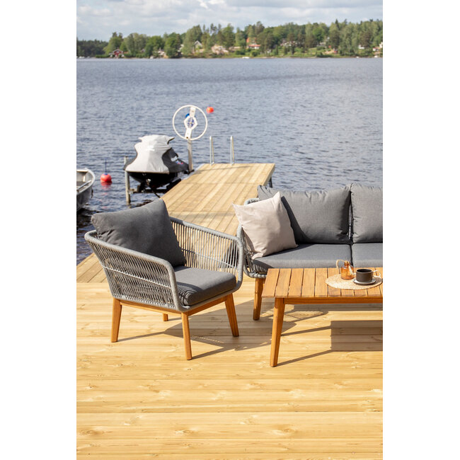 5-tlg. Garten Lounge-Set Chania Natur/Dunkelgrau – Sofa, 2 Sessel & Couchtisch, Rope-Geflecht Hellgrau, Akazienholz & Aluminium