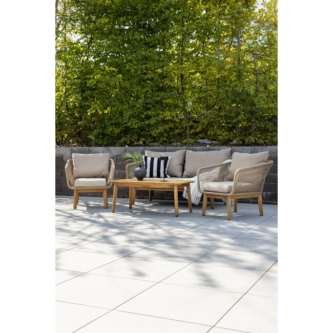 5-tlg. Garten Lounge-Set Chania Nature Beige – Sofa, 2 Sessel & Couchtisch aus Akazienholz, Aluminium und Rope-Geflecht