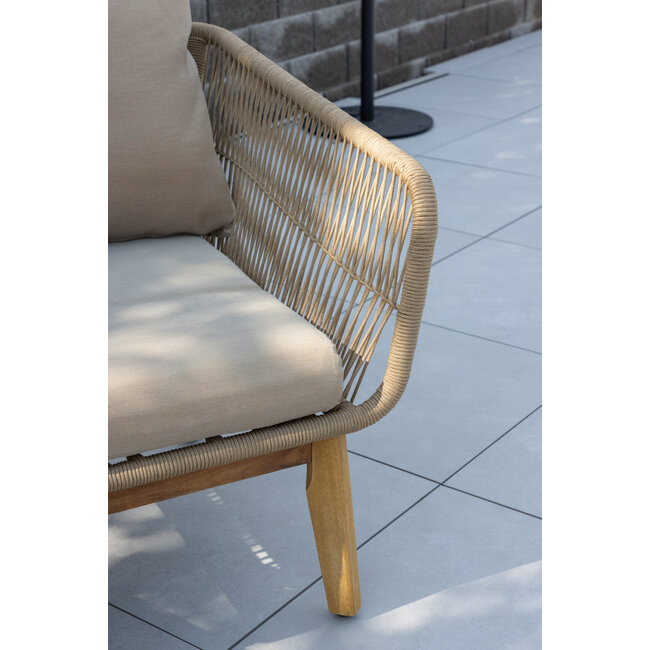 5-tlg. Garten Lounge-Set Chania Nature Beige – Sofa, 2 Sessel & Couchtisch aus Akazienholz, Aluminium und Rope-Geflecht