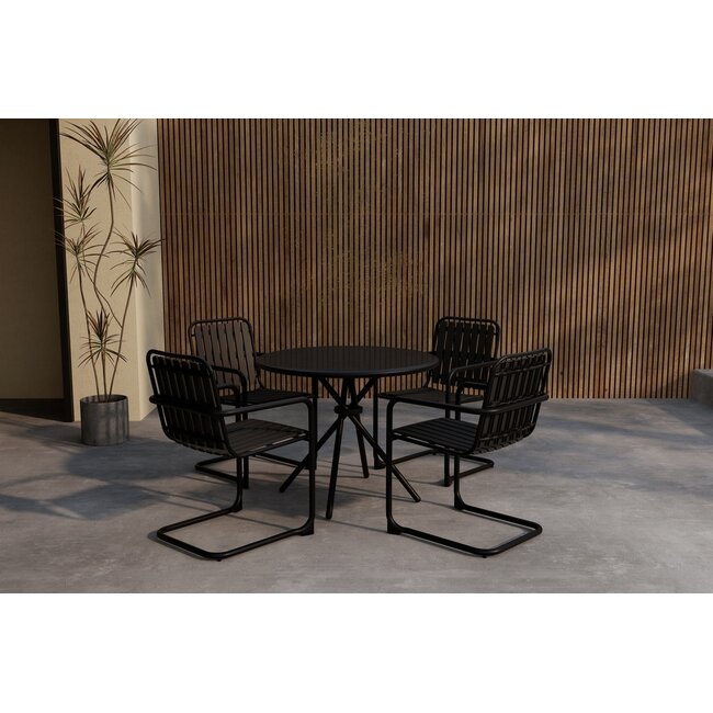 5-teilige Garten-Essgruppe Chios Schwarz – Rundtisch Ø90 cm Glasplatte, 4 Stühle Flechtoptik, Stahlgestell, wetterfest