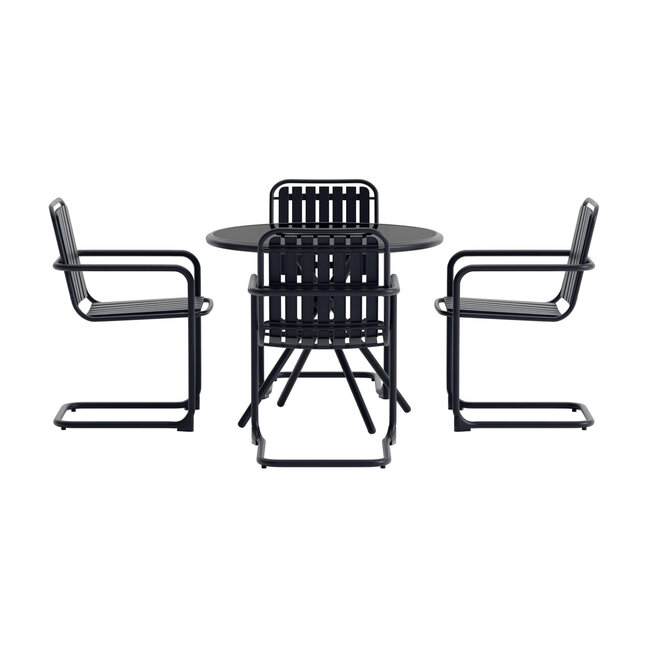 5-teilige Garten-Essgruppe Chios Schwarz – Rundtisch Ø90 cm Glasplatte, 4 Stühle Flechtoptik, Stahlgestell, wetterfest