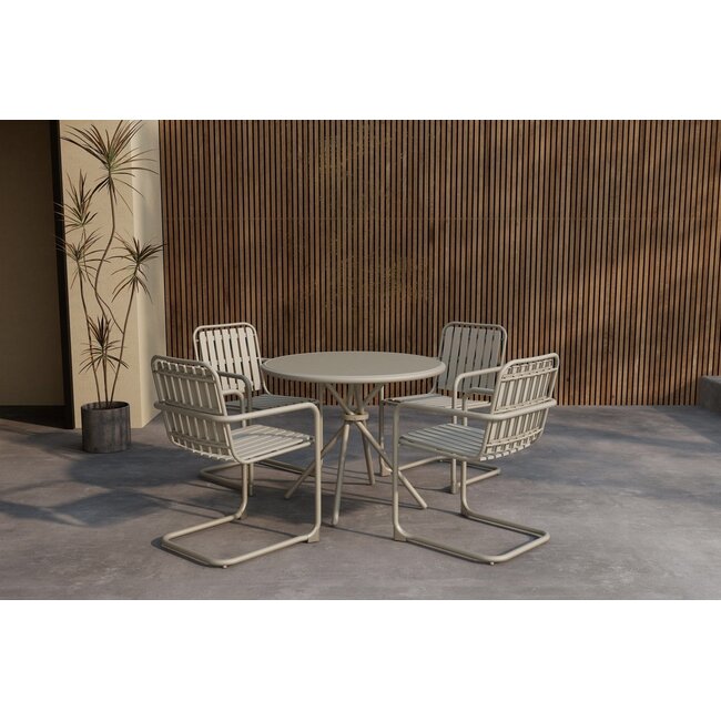 5-teilige Garten-Essgruppe Chios Beige – Glastisch Ø90 cm, 4 Stühle aus Stahl & Polypropylen, wetterfest
