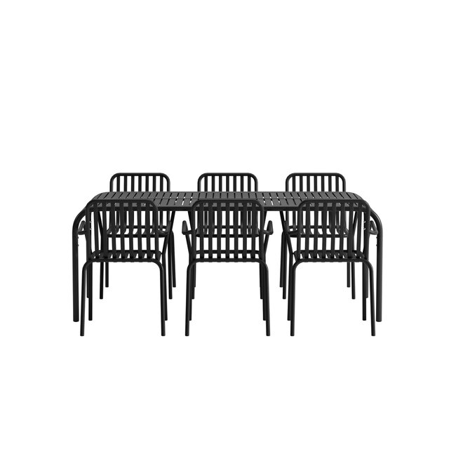7-teilige Garten-Essgruppe Borneo & Peking – Borneo Esstisch 200×100 cm Anthrazit + 6 Peking Stapelsessel Matt-Schwarz, Aluminium, bis 120 kg