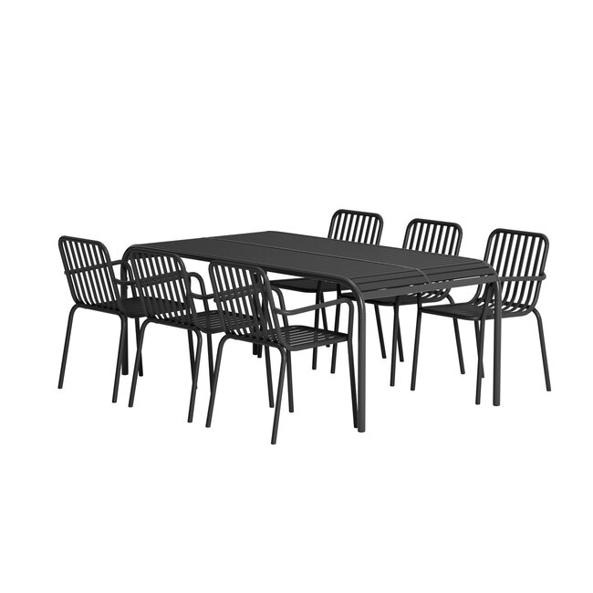 7-teilige Garten-Essgruppe Borneo & Peking – Borneo Esstisch 200×100 cm Anthrazit + 6 Peking Stapelsessel Matt-Schwarz, Aluminium, bis 120 kg