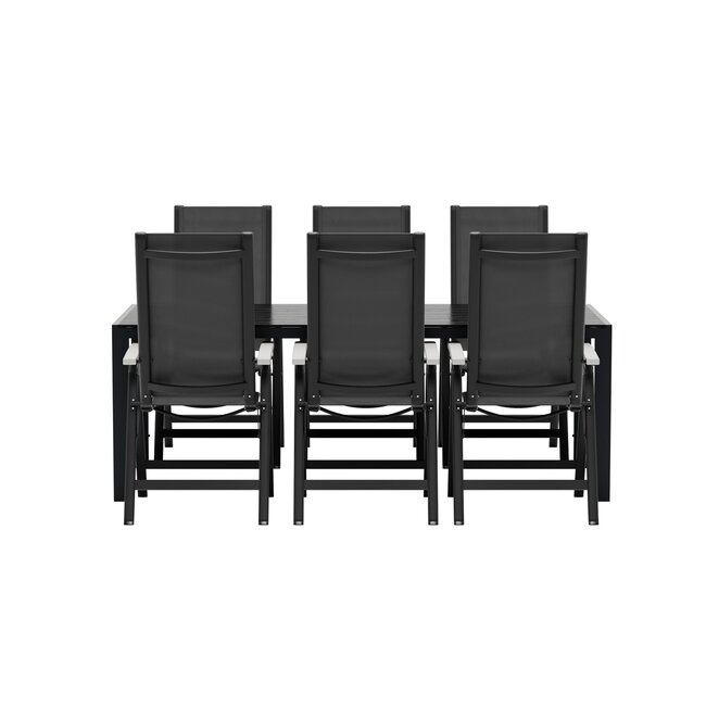 7-teilige Garten-Essgruppe Break & Albany Tiefschwarz – Break Esstisch 205×90 cm (Aintwood) + 6 Albany Positionsstühle (Textilene), bis 110 kg