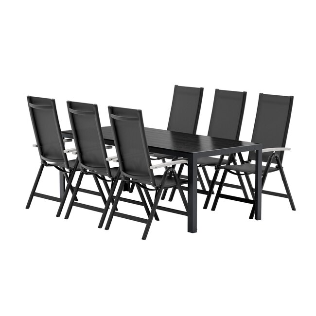 7-teilige Garten-Essgruppe Break & Albany Tiefschwarz – Break Esstisch 205×90 cm (Aintwood) + 6 Albany Positionsstühle (Textilene), bis 110 kg