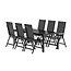 7-teilige Garten-Essgruppe Break & Albany Tiefschwarz – Break Esstisch 205×90 cm (Aintwood) + 6 Albany Positionsstühle (Textilene), bis 110 kg