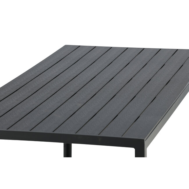 7-teilige Garten-Essgruppe Break & Albany Tiefschwarz – Break Esstisch 205×90 cm (Aintwood) + 6 Albany Positionsstühle (Textilene), bis 110 kg