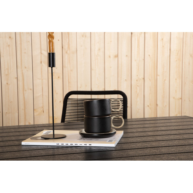 7-teilige Garten-Essgruppe Break & Albany Tiefschwarz – Break Esstisch 205×90 cm (Aintwood) + 6 Albany Positionsstühle (Textilene), bis 110 kg