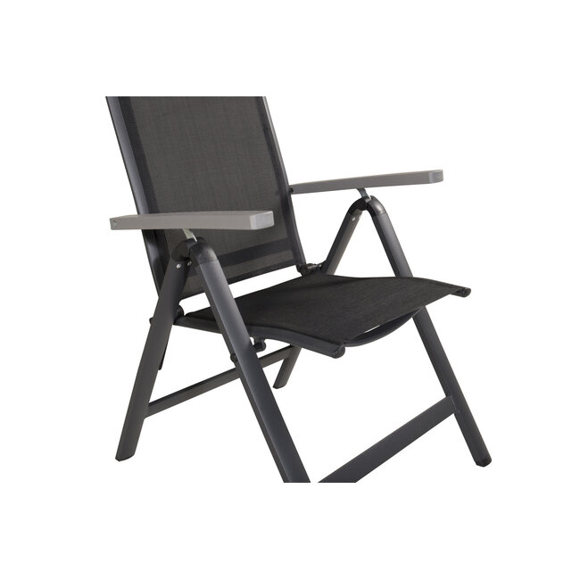7-teilige Garten-Essgruppe Break & Albany Tiefschwarz – Break Esstisch 205×90 cm (Aintwood) + 6 Albany Positionsstühle (Textilene), bis 110 kg