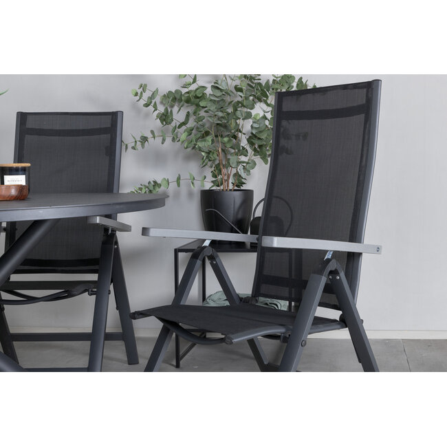 7-teilige Garten-Essgruppe Break & Albany Tiefschwarz – Break Esstisch 205×90 cm (Aintwood) + 6 Albany Positionsstühle (Textilene), bis 110 kg