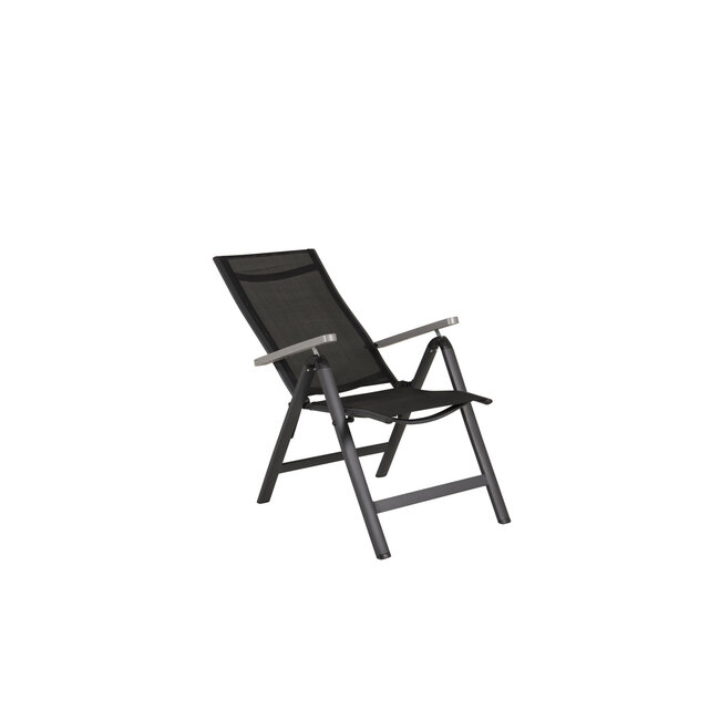 7-teilige Garten-Essgruppe Break & Albany Tiefschwarz – Break Esstisch 205×90 cm (Aintwood) + 6 Albany Positionsstühle (Textilene), bis 110 kg