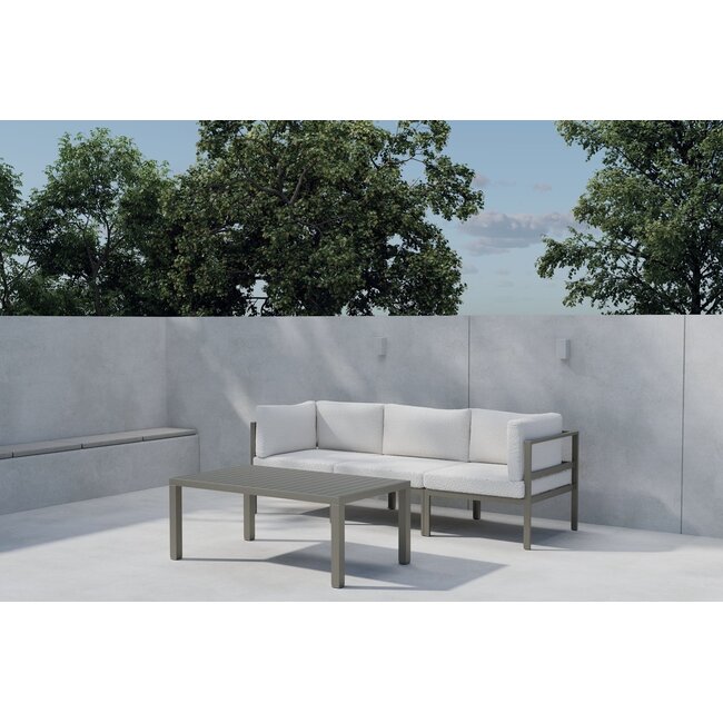 Outdoor Lounge-Set Copacabana Braun/Weiß – 2-Sitzer Sofa, Sessel & Tisch 120×70 cm aus Aluminium mit weißen Bouclé-Polstern