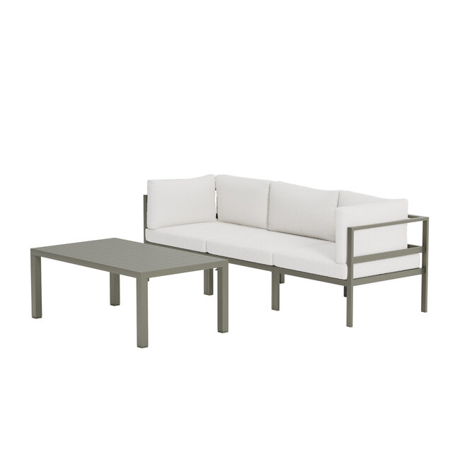 Outdoor Lounge-Set Copacabana Braun/Weiß – 2-Sitzer Sofa, Sessel & Tisch 120×70 cm aus Aluminium mit weißen Bouclé-Polstern