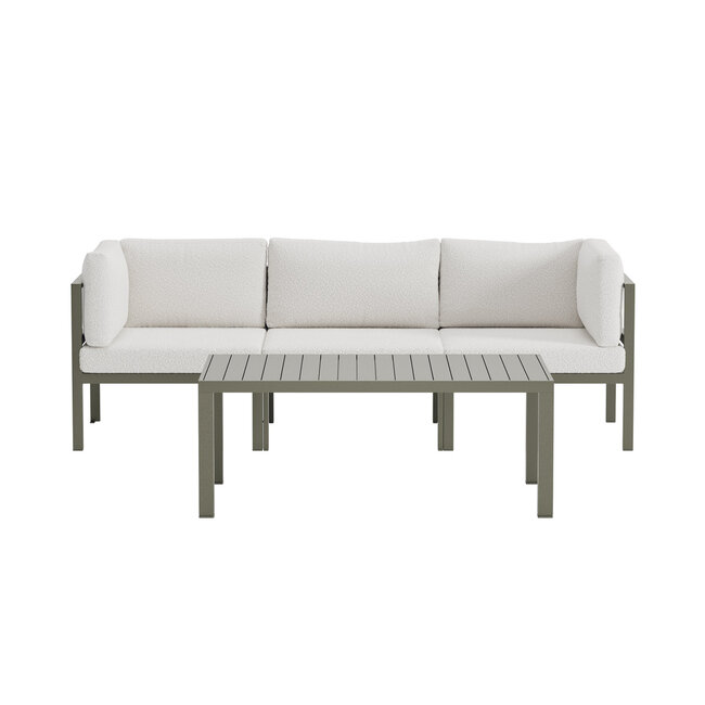 Outdoor Lounge-Set Copacabana Braun/Weiß – 2-Sitzer Sofa, Sessel & Tisch 120×70 cm aus Aluminium mit weißen Bouclé-Polstern