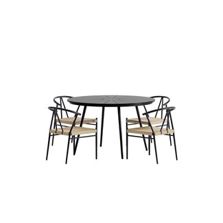 Venture Home 5-tlg. Garten-Essgruppe San Vito & Alfons Schwarz – Polywood-Rundtisch Ø120 cm + 4 Rattan-Sessel