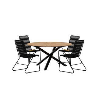 Venture Home 5-tlg. Garten-Essgruppe Mexico & Bois – Teak-Rundtisch Ø140 cm + 4 Rope-Sessel Teak-Armlehnen