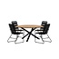 5-teilige Garten-Essgruppe Mexico & Bois – Mexico Rundtisch Ø140 cm Teakholz + 4 Bois Dining-Sessel Polyester Rope & Teak-Armlehnen, stapelbar, bis 150 kg