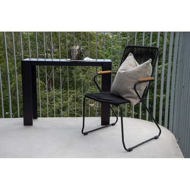 5-teilige Garten-Essgruppe Mexico & Bois – Mexico Rundtisch Ø140 cm Teakholz + 4 Bois Dining-Sessel Polyester Rope & Teak-Armlehnen, stapelbar, bis 150 kg