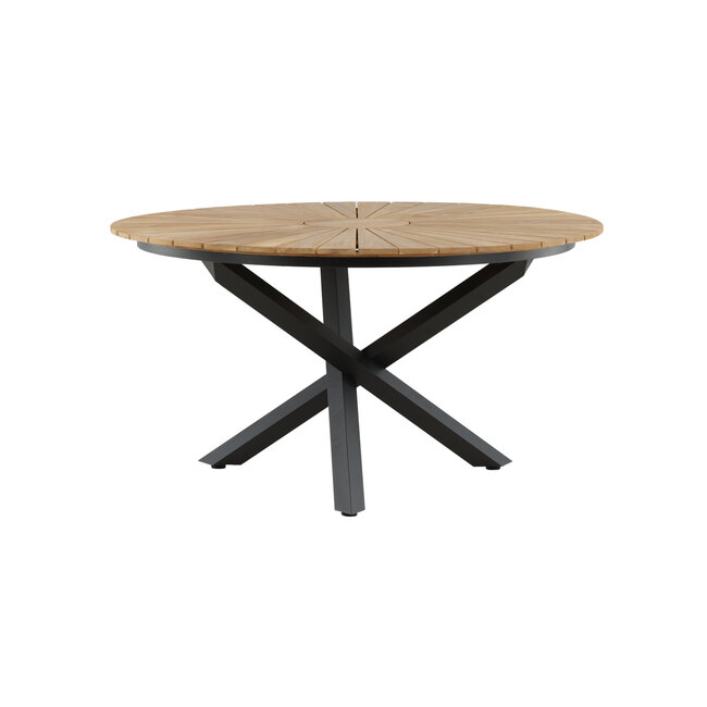 5-teilige Garten-Essgruppe Mexico & Bois – Mexico Rundtisch Ø140 cm Teakholz + 4 Bois Dining-Sessel Polyester Rope & Teak-Armlehnen, stapelbar, bis 150 kg