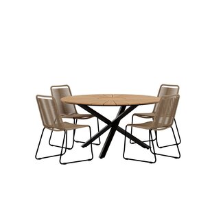 Venture Home 5-tlg. Garten-Essgruppe Mexico & Lindos – Teak-Rundtisch Ø140 cm + 4 Rope-Sessel Braun/Schwarz