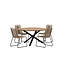 5-teilige Garten-Essgruppe Mexico & Lindos – Mexico Rundtisch Ø140 cm Teakholz/Alu + 4 Lindos Rope-Sessel Braun-Beige/Schwarz, stapelbar, bis 150 kg