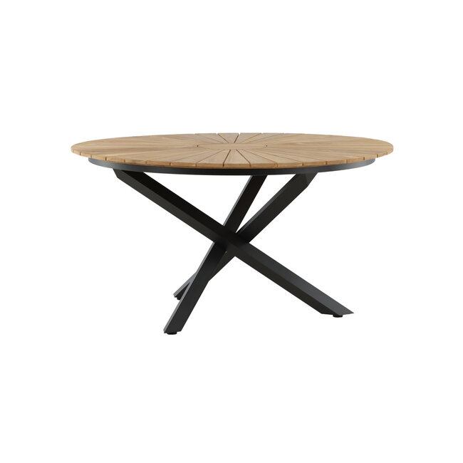 5-teilige Garten-Essgruppe Mexico & Lindos – Mexico Rundtisch Ø140 cm Teakholz/Alu + 4 Lindos Rope-Sessel Braun-Beige/Schwarz, stapelbar, bis 150 kg