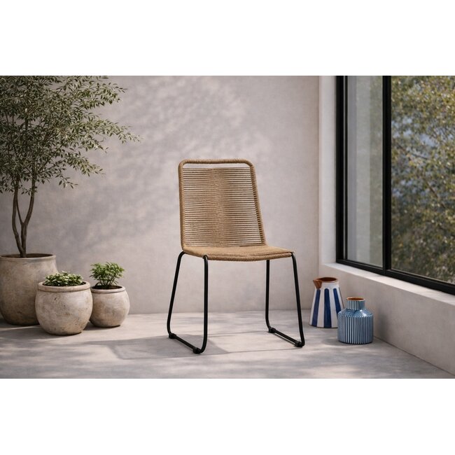 5-teilige Garten-Essgruppe Mexico & Lindos – Mexico Rundtisch Ø140 cm Teakholz/Alu + 4 Lindos Rope-Sessel Braun-Beige/Schwarz, stapelbar, bis 150 kg