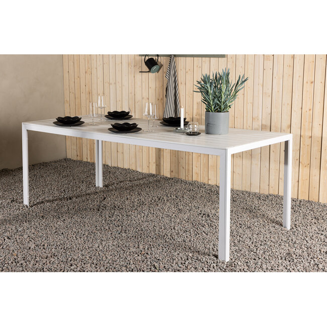 7-teilige Garten-Essgruppe Break & Levanzo – Break Esstisch 205×90 cm Aintwood Weiß + 6 Levanzo Positionsstühle Textilene Beige, verstellbar & klappbar, bis 110 kg