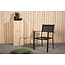 5-teilige Garten-Essgruppe Break & Copacabana Tiefschwarz – Break Esstisch 150×90 cm Aintwood (6 cm) + 4 Copacabana Alu-Stapelsessel Textilene Schwarz, bis 110 kg