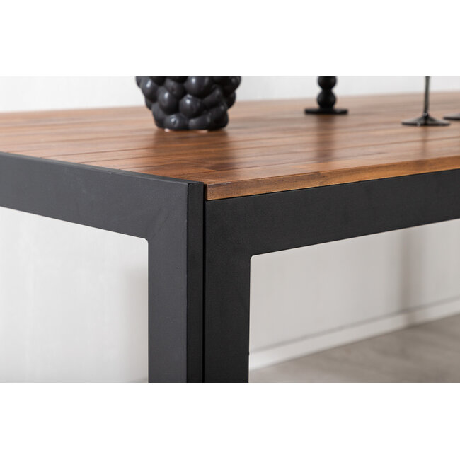 7-teilige Garten-Essgruppe Bois & Copacabana Natur/Schwarz – Bois Esstisch 205×90 cm Massiv-Akazienholz 3 cm + 6 Copacabana Alu-Stapelsessel Textilene Schwarz, bis 110 kg