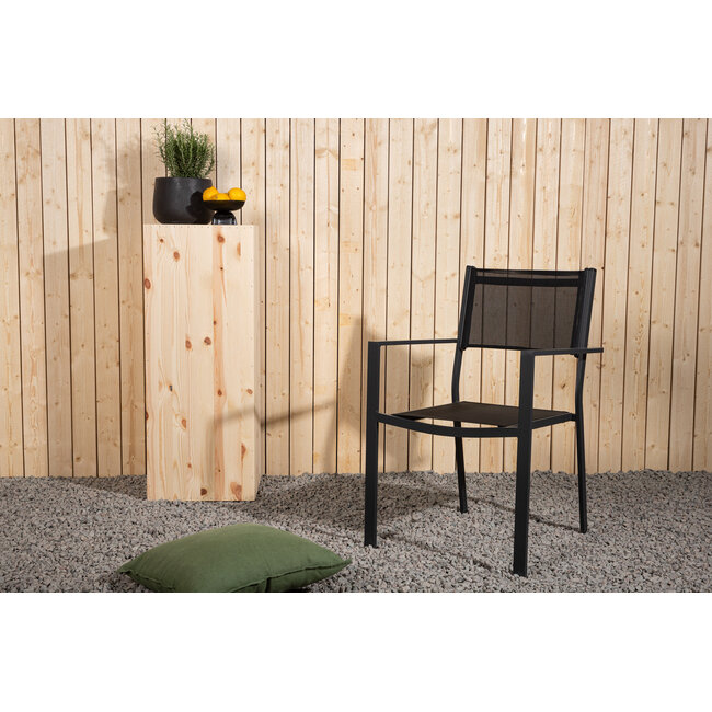 7-teilige Garten-Essgruppe Bois & Copacabana Natur/Schwarz – Bois Esstisch 205×90 cm Massiv-Akazienholz 3 cm + 6 Copacabana Alu-Stapelsessel Textilene Schwarz, bis 110 kg